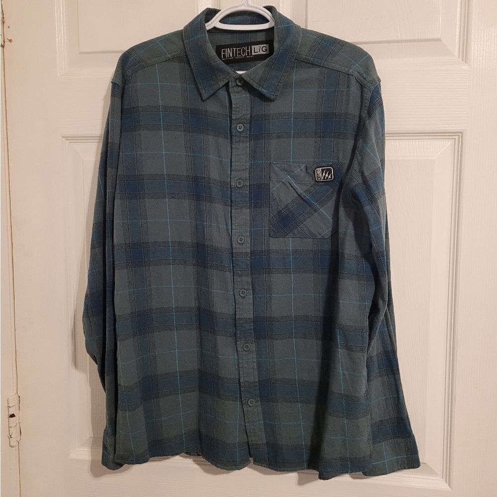 Fintech green plaid button up long sleeve shirt